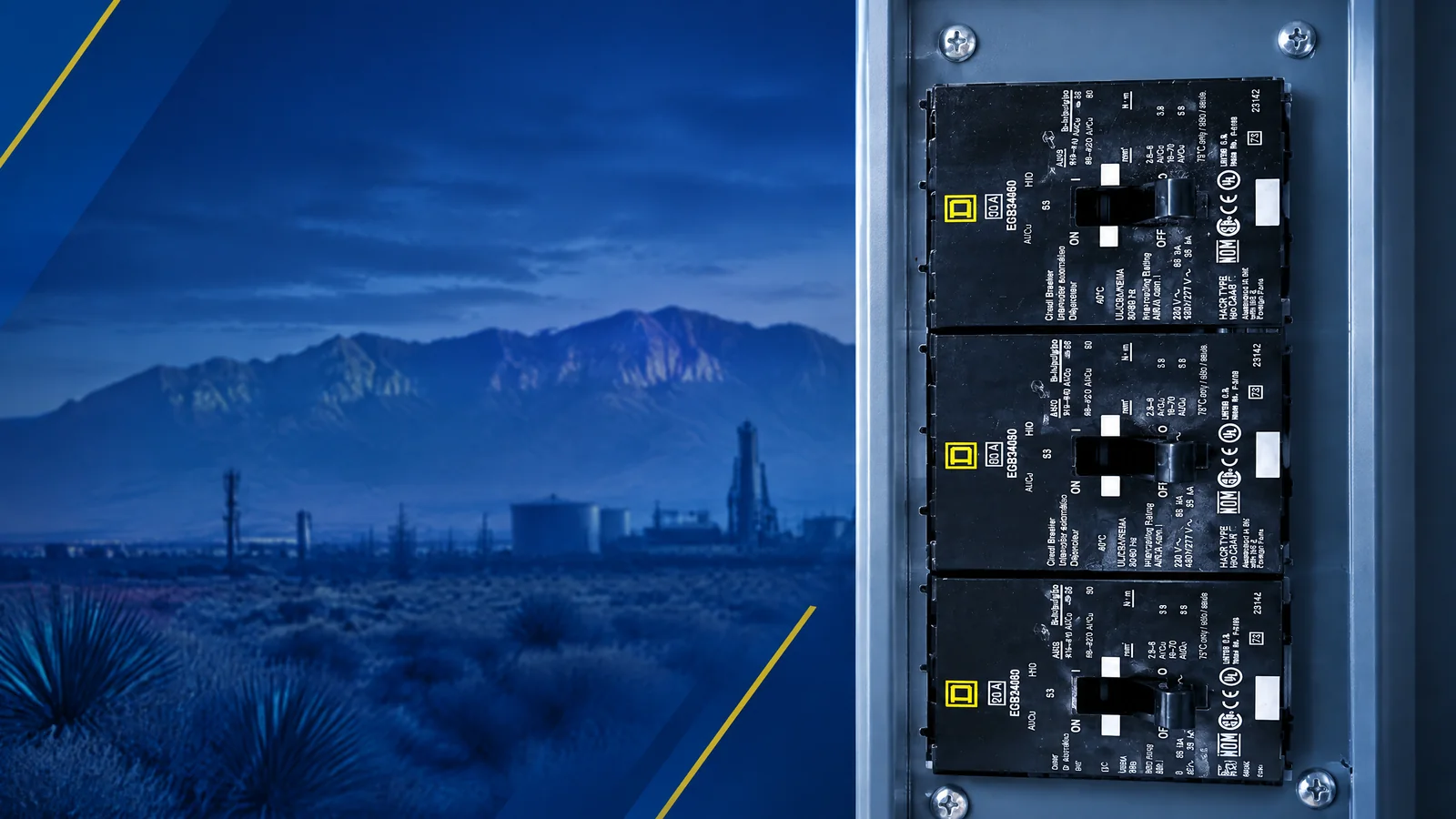 User-owned surplus circuit breakers with a decorative Albuquerque, NM skyline and industrial map motif for the AllBreakerSales.com city buying guide.