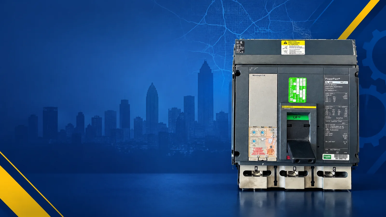 User-owned surplus circuit breakers with a decorative Atlanta, GA skyline and industrial map motif for the AllBreakerSales.com city buying guide.