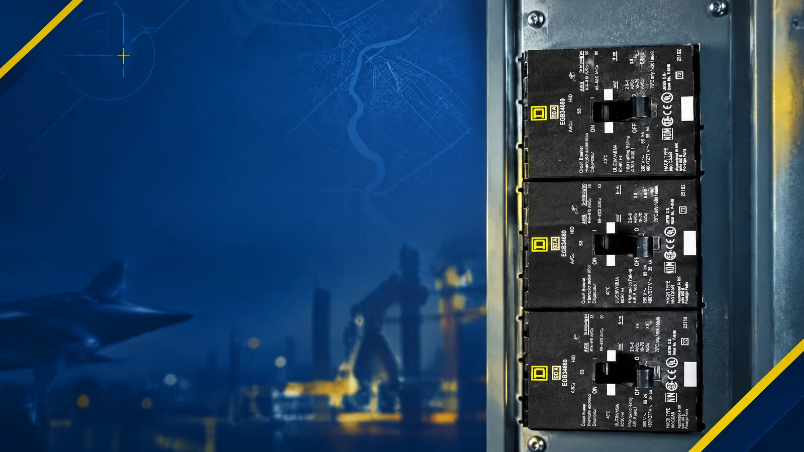User-owned surplus circuit breakers with a decorative Aurora, CO skyline and industrial map motif for the AllBreakerSales.com city buying guide.