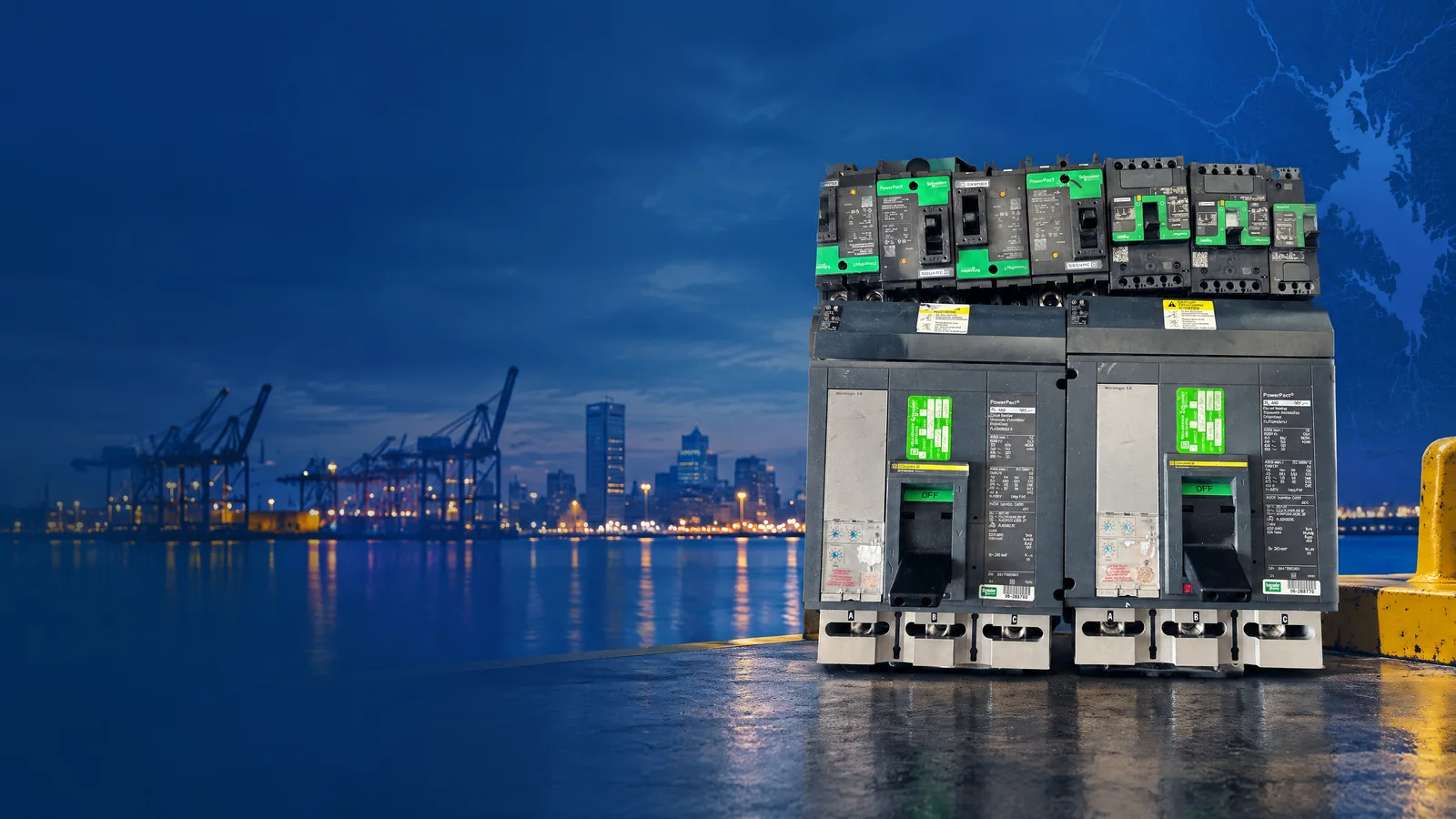 User-owned surplus circuit breakers with a decorative Baltimore, MD skyline and industrial map motif for the AllBreakerSales.com city buying guide.