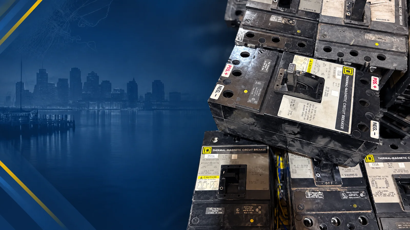 User-owned surplus circuit breakers with a decorative Boston, MA skyline and industrial map motif for the AllBreakerSales.com city buying guide.