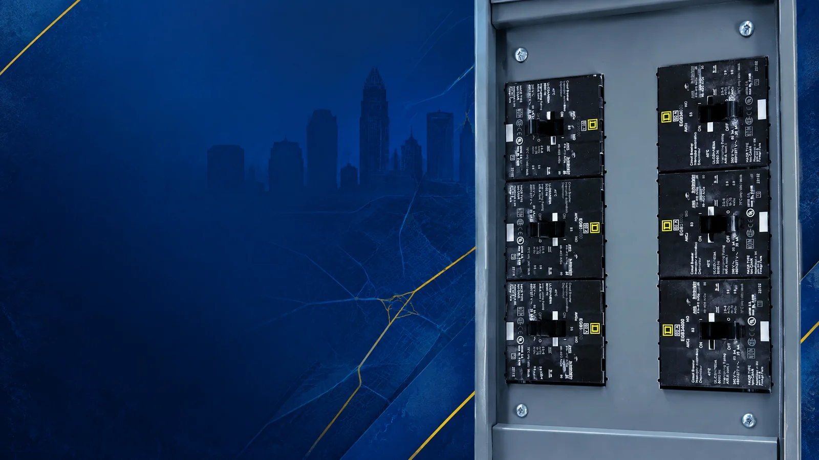 User-owned surplus circuit breakers with a decorative Charlotte, NC skyline and industrial map motif for the AllBreakerSales.com city buying guide.