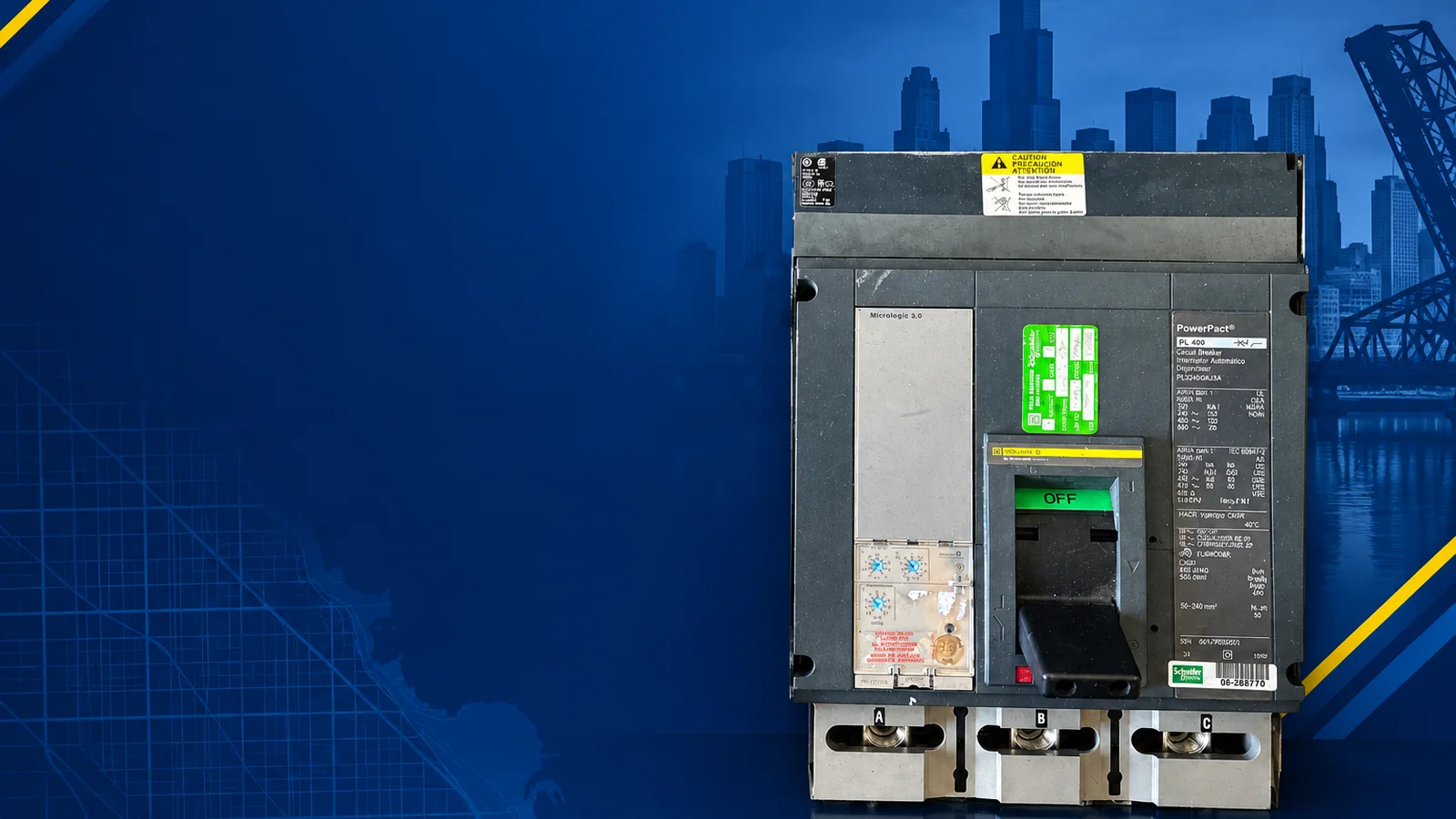User-owned surplus circuit breakers with a decorative Chicago, IL skyline and industrial map motif for the AllBreakerSales.com city buying guide.
