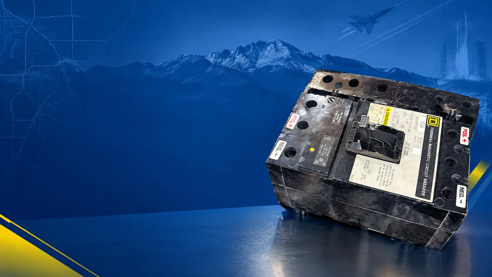 User-owned surplus circuit breakers with a decorative Colorado Springs, CO skyline and industrial map motif for the AllBreakerSales.com city buying guide.