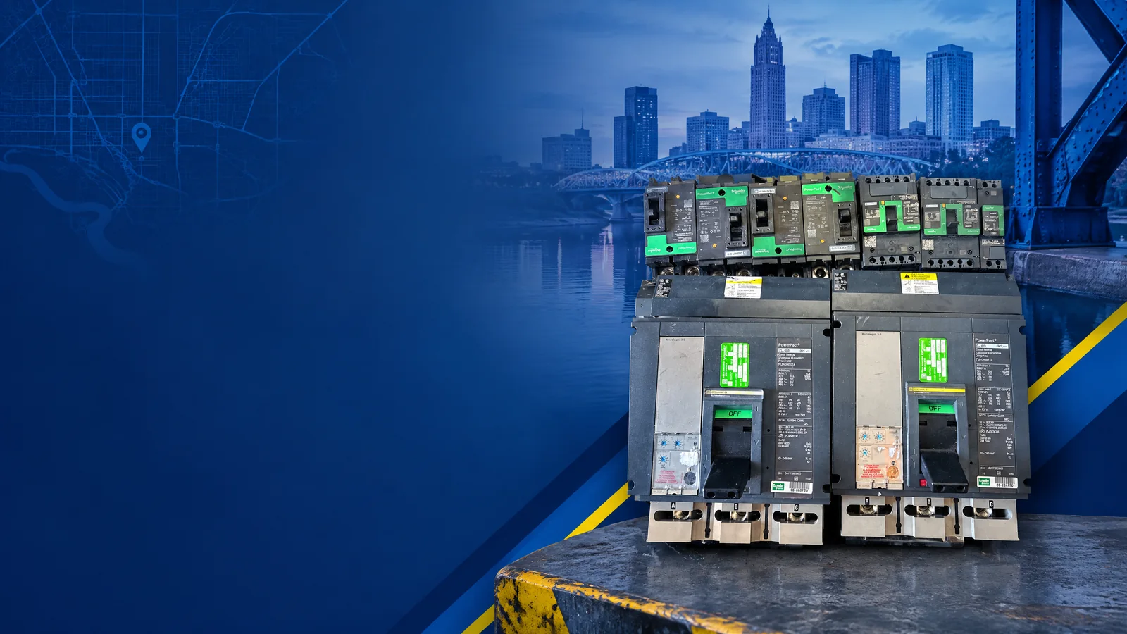 User-owned surplus circuit breakers with a decorative Columbus, OH skyline and industrial map motif for the AllBreakerSales.com city buying guide.