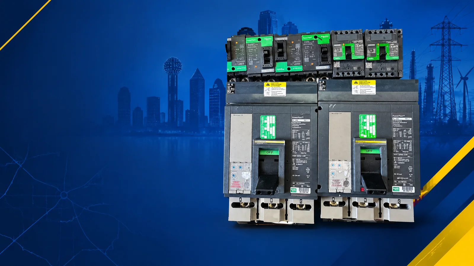 User-owned surplus circuit breakers with a decorative Dallas, TX skyline and industrial map motif for the AllBreakerSales.com city buying guide.