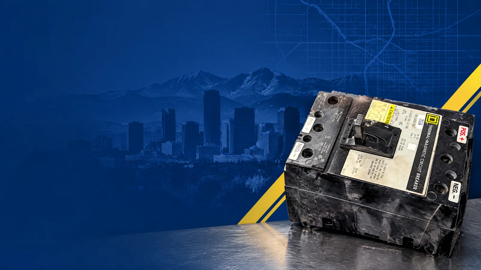 User-owned surplus circuit breakers with a decorative Denver, CO skyline and industrial map motif for the AllBreakerSales.com city buying guide.