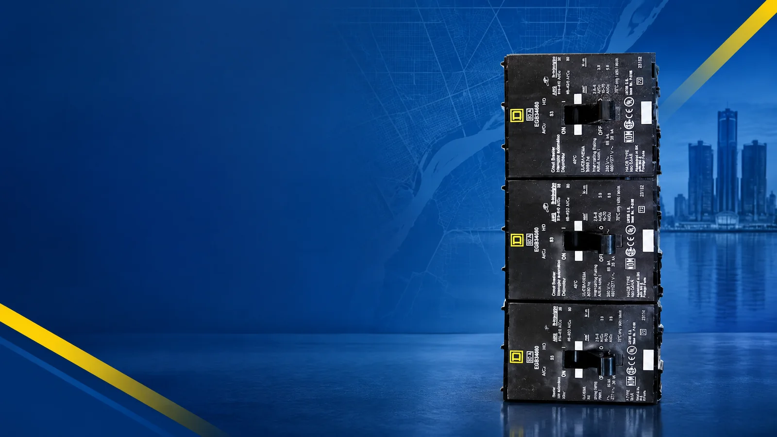 User-owned surplus circuit breakers with a decorative Detroit, MI skyline and industrial map motif for the AllBreakerSales.com city buying guide.