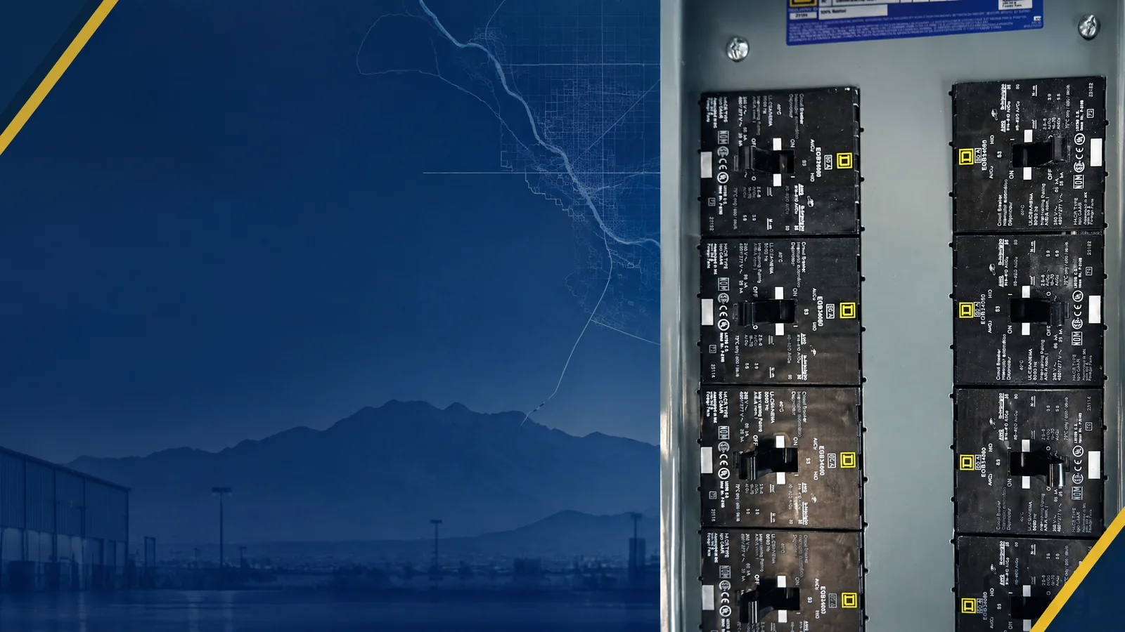 User-owned surplus circuit breakers with a decorative El Paso, TX skyline and industrial map motif for the AllBreakerSales.com city buying guide.