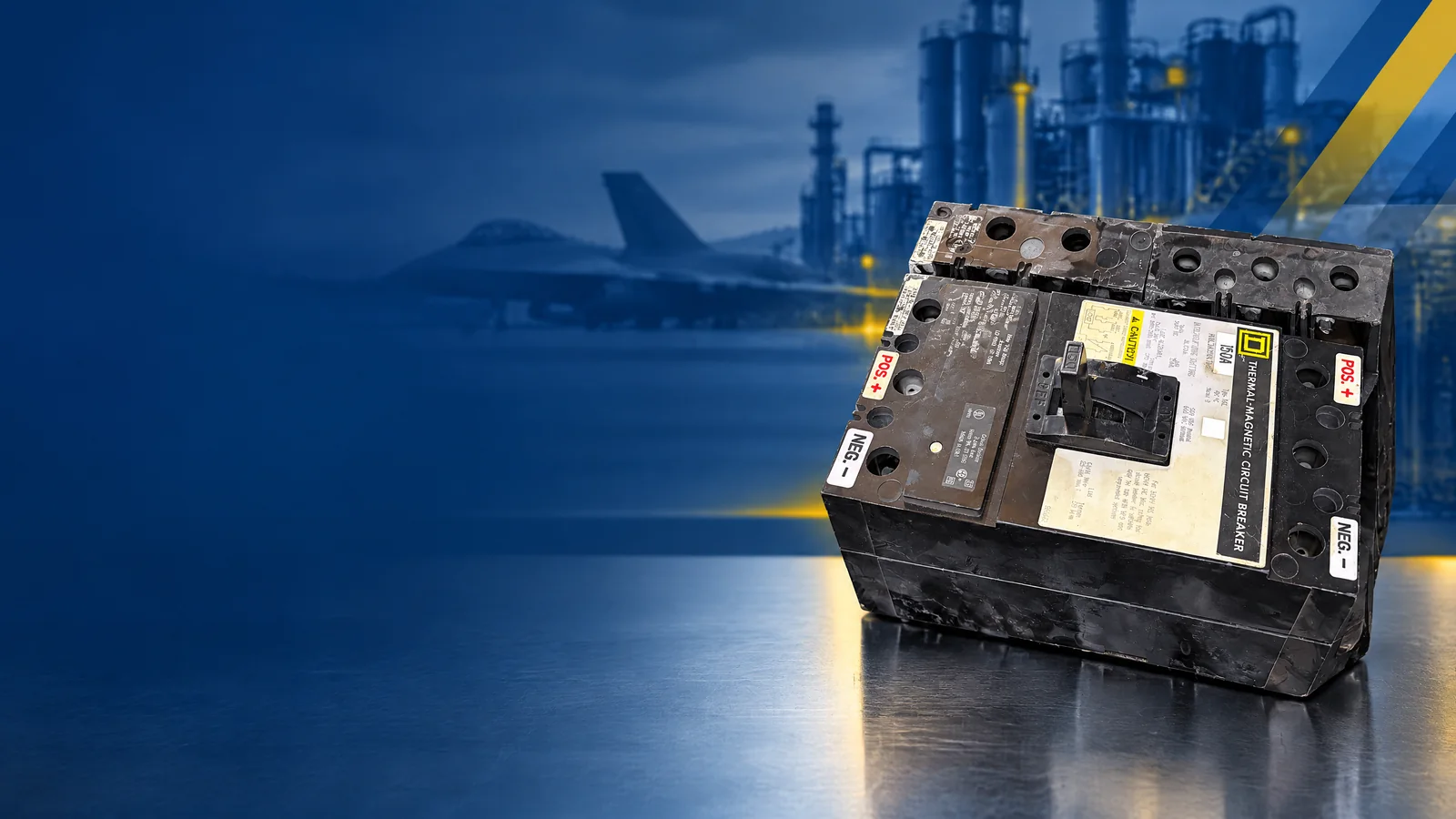 User-owned surplus circuit breakers with a decorative Fort Worth, TX skyline and industrial map motif for the AllBreakerSales.com city buying guide.