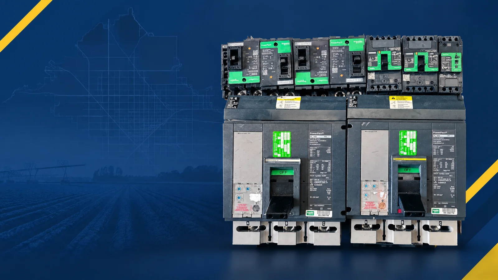 User-owned surplus circuit breakers with a decorative Fresno, CA skyline and industrial map motif for the AllBreakerSales.com city buying guide.