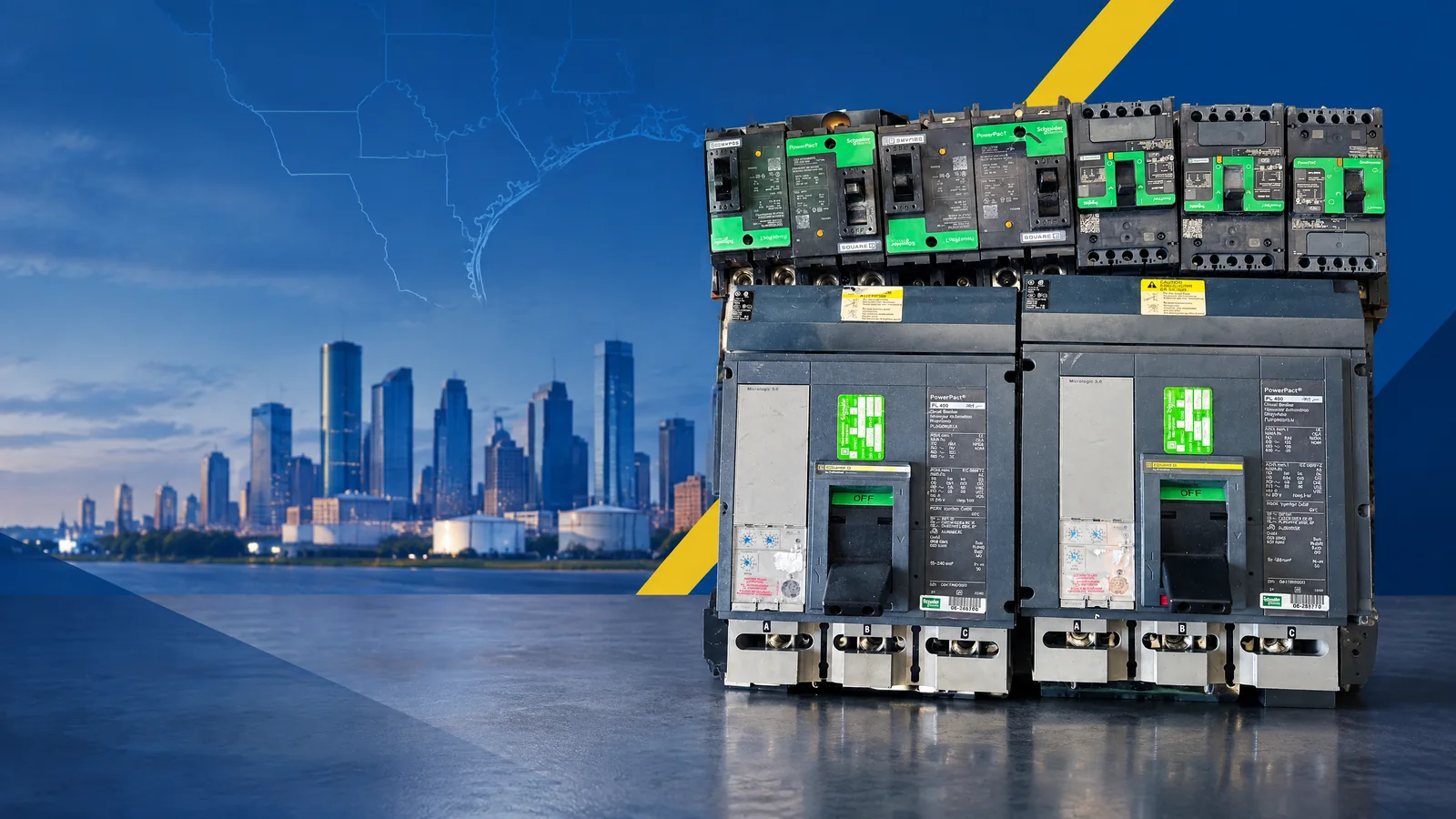User-owned surplus circuit breakers with a decorative Houston, TX skyline and industrial map motif for the AllBreakerSales.com city buying guide.