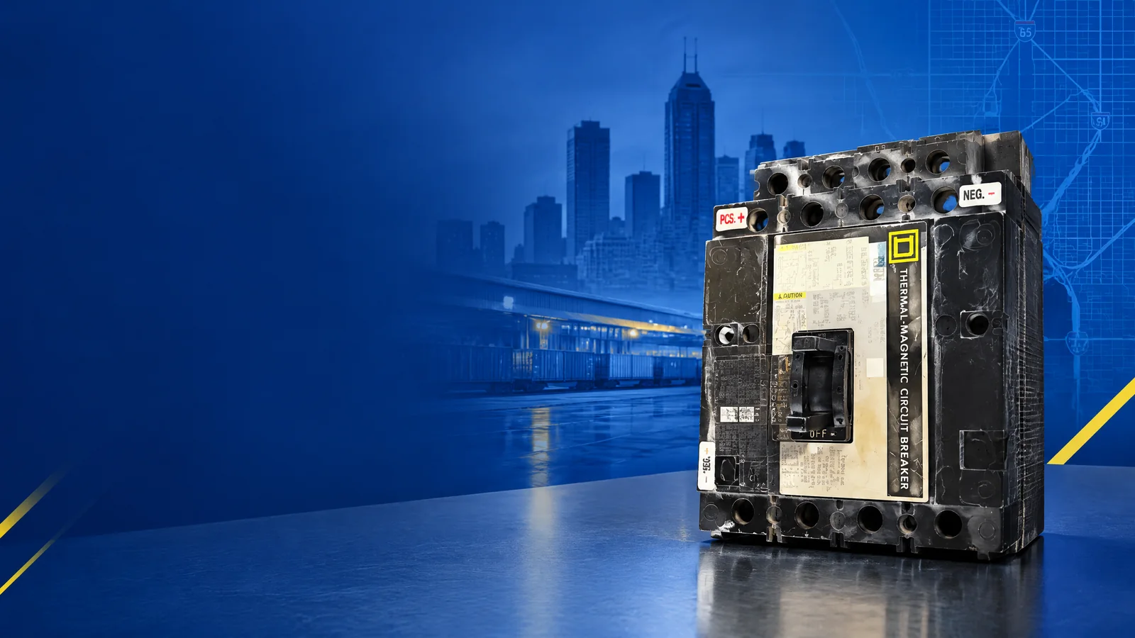 User-owned surplus circuit breakers with a decorative Indianapolis, IN skyline and industrial map motif for the AllBreakerSales.com city buying guide.