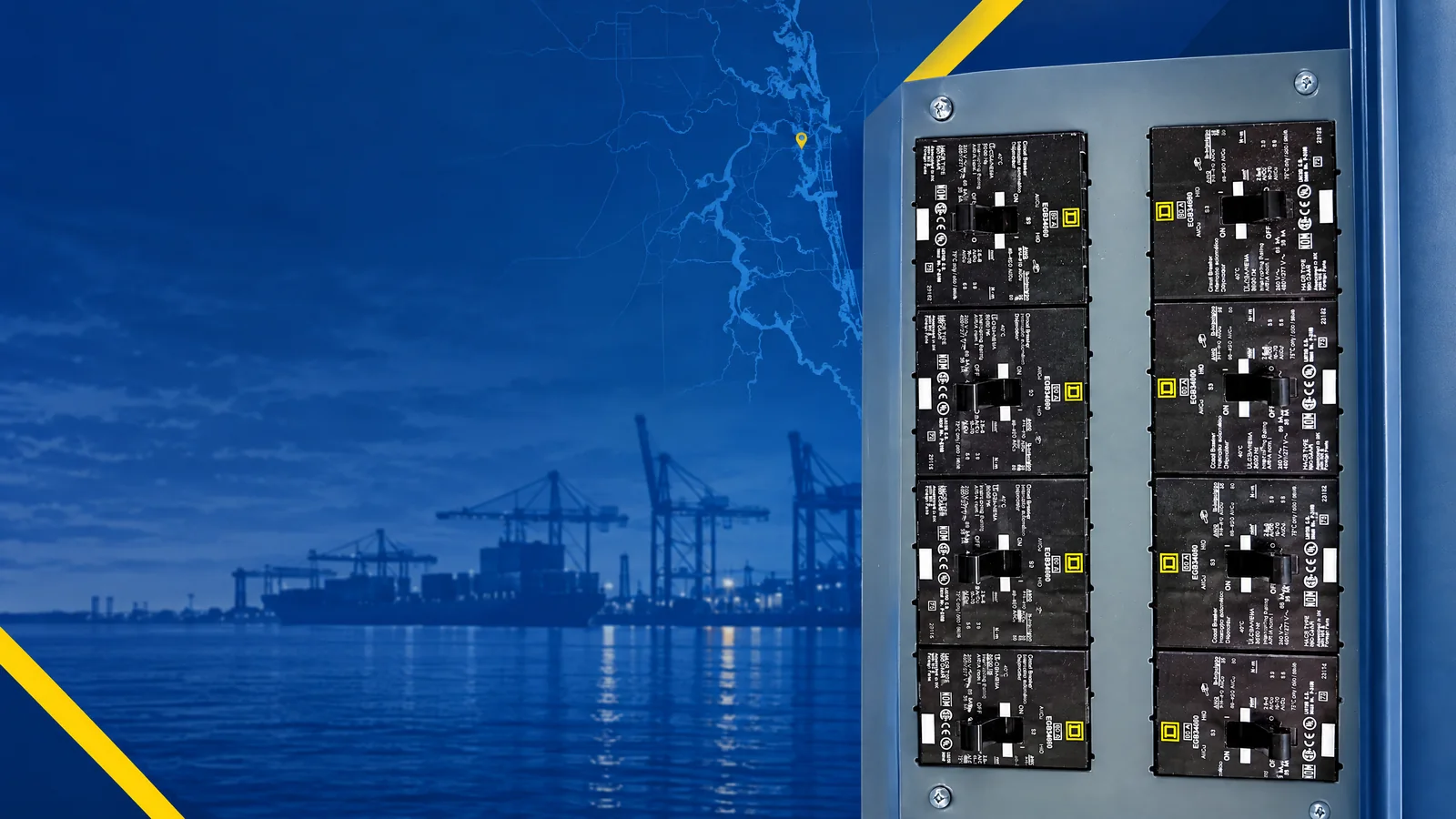 User-owned surplus circuit breakers with a decorative Jacksonville, FL skyline and industrial map motif for the AllBreakerSales.com city buying guide.