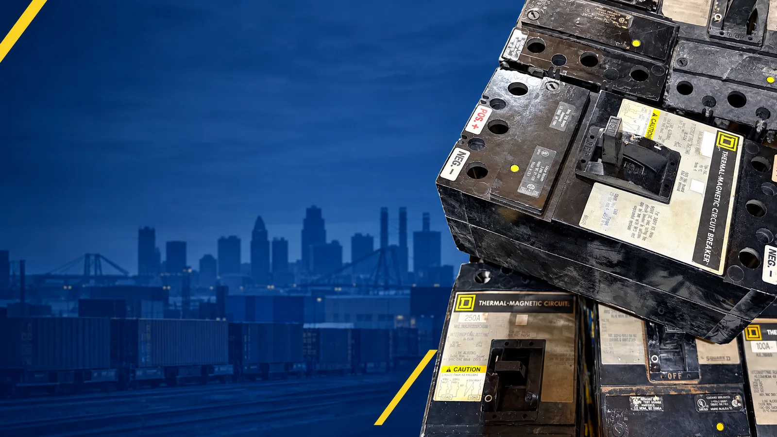 User-owned surplus circuit breakers with a decorative Kansas City, MO skyline and industrial map motif for the AllBreakerSales.com city buying guide.