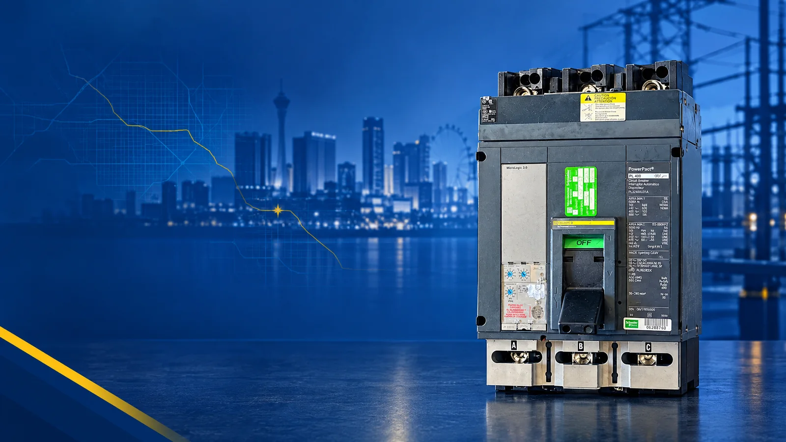 User-owned surplus circuit breakers with a decorative Las Vegas, NV skyline and industrial map motif for the AllBreakerSales.com city buying guide.