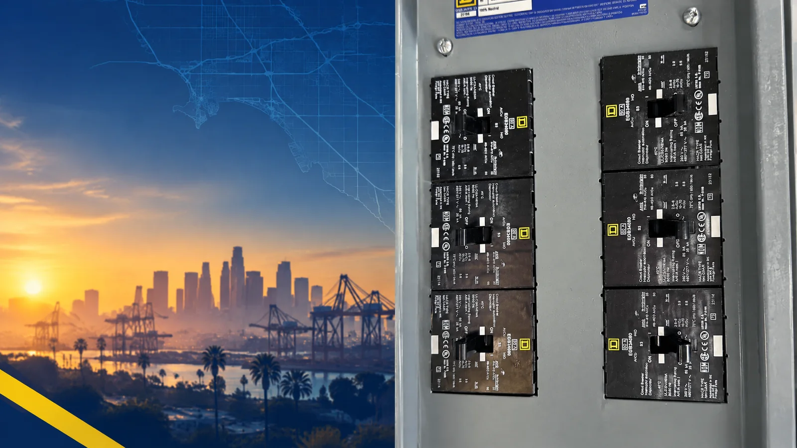 User-owned surplus circuit breakers with a decorative Los Angeles, CA skyline and industrial map motif for the AllBreakerSales.com city buying guide.