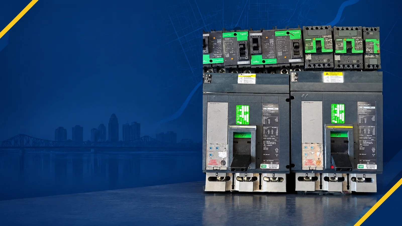 User-owned surplus circuit breakers with a decorative Louisville, KY skyline and industrial map motif for the AllBreakerSales.com city buying guide.