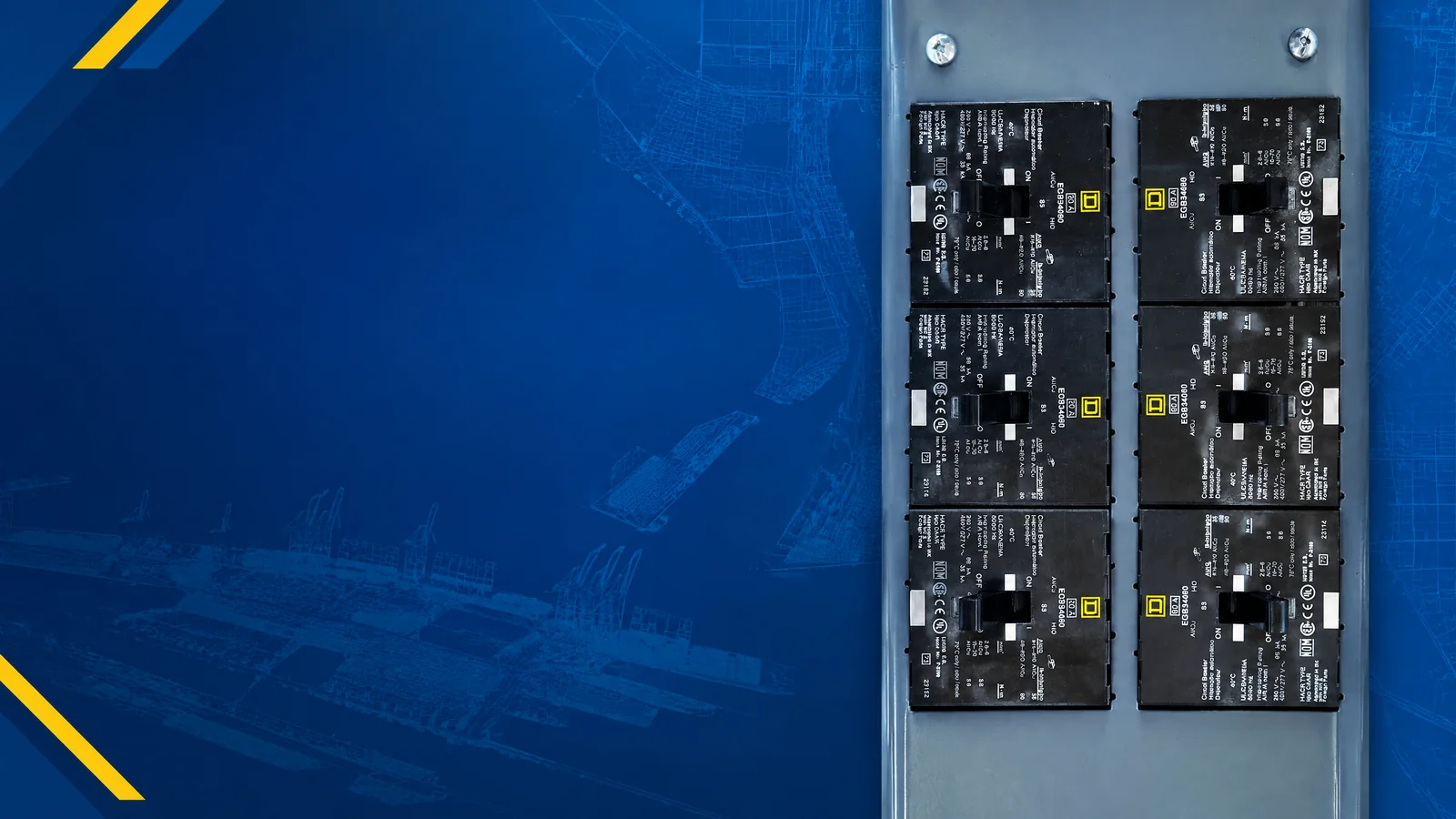 User-owned surplus circuit breakers with a decorative Miami, FL skyline and industrial map motif for the AllBreakerSales.com city buying guide.