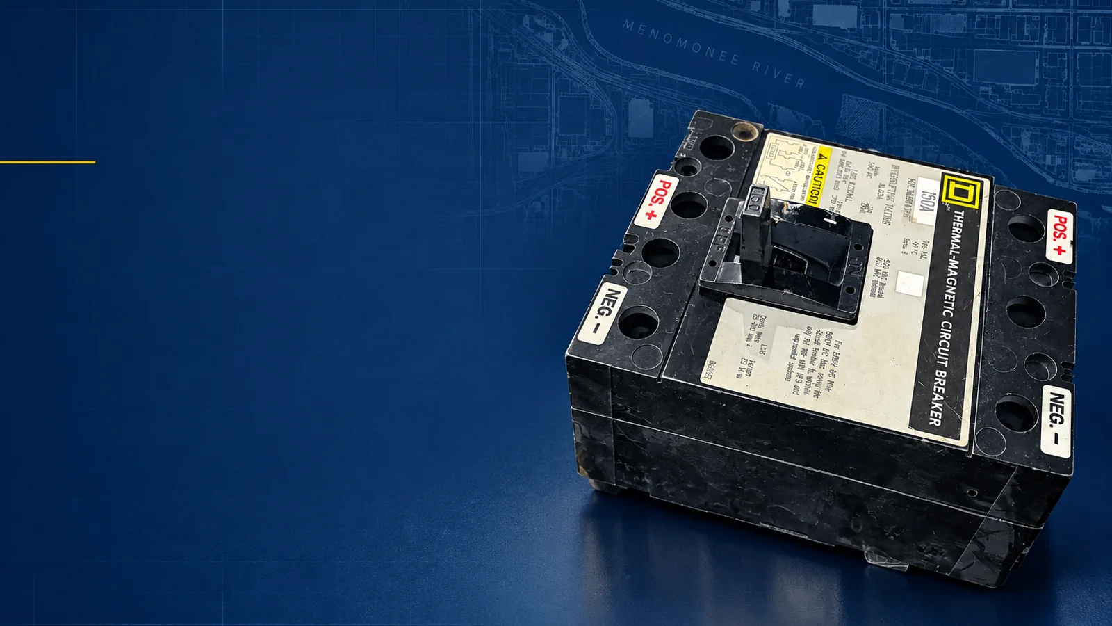 User-owned surplus circuit breakers with a decorative Milwaukee, WI skyline and industrial map motif for the AllBreakerSales.com city buying guide.