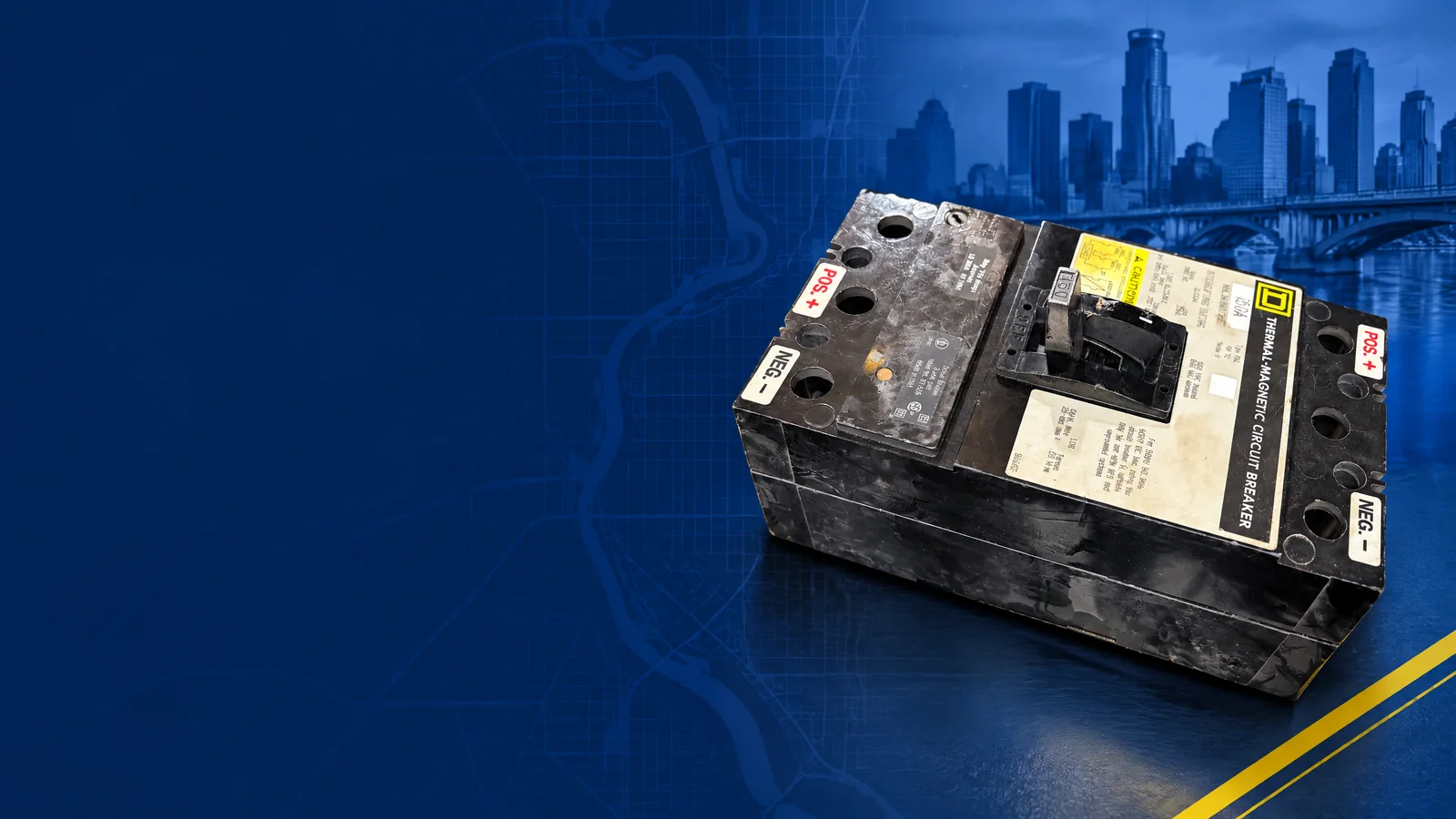 User-owned surplus circuit breakers with a decorative Minneapolis, MN skyline and industrial map motif for the AllBreakerSales.com city buying guide.