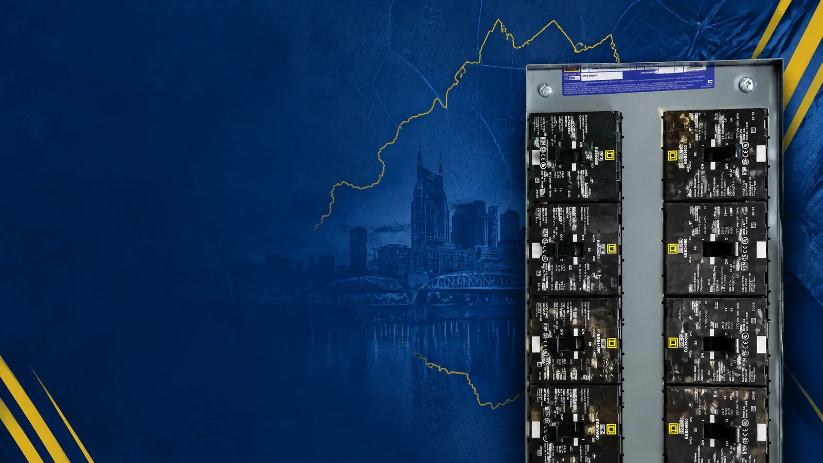User-owned surplus circuit breakers with a decorative Nashville, TN skyline and industrial map motif for the AllBreakerSales.com city buying guide.