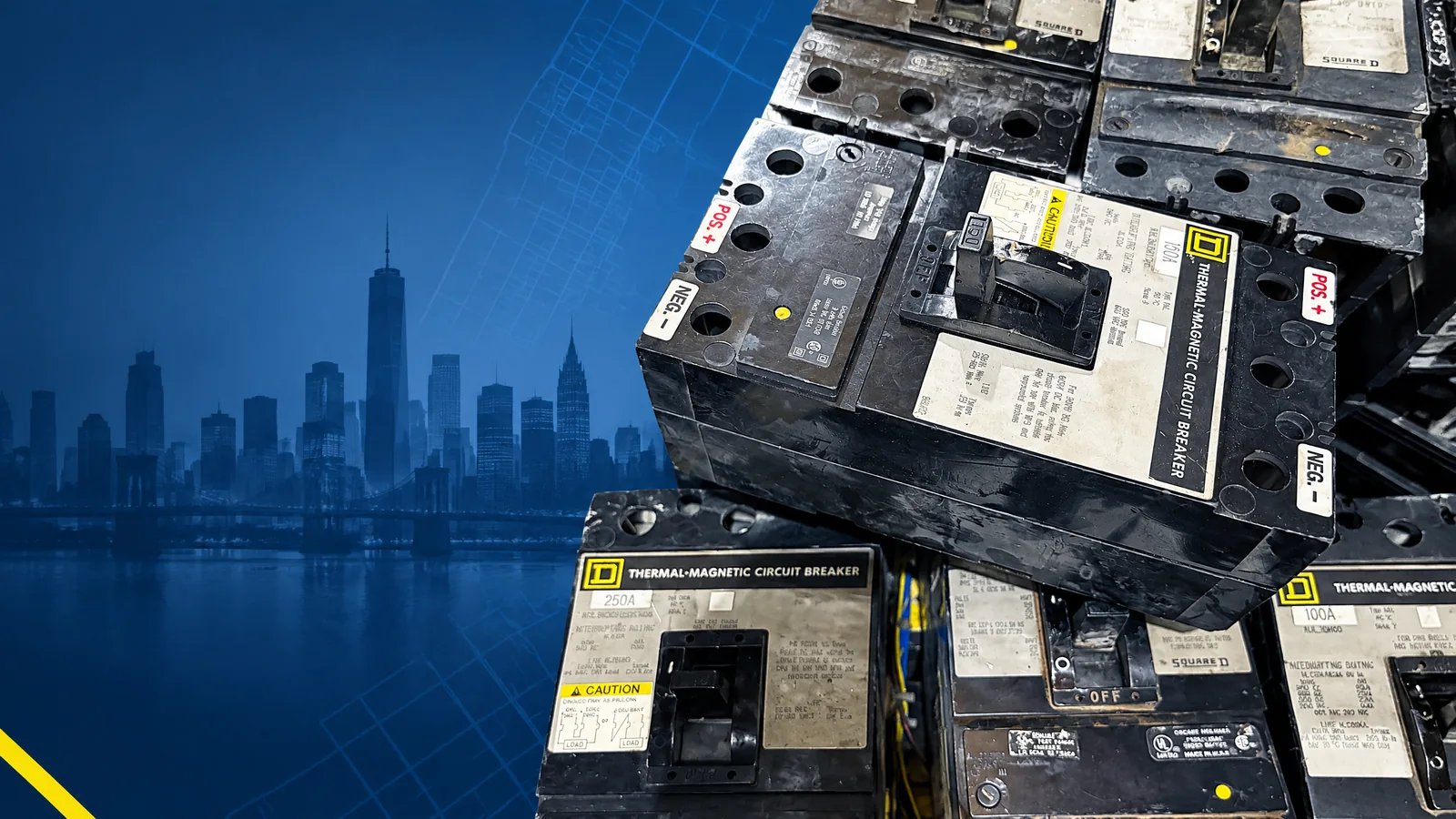 User-owned surplus circuit breakers with a decorative New York City, NY skyline and industrial map motif for the AllBreakerSales.com city buying guide.