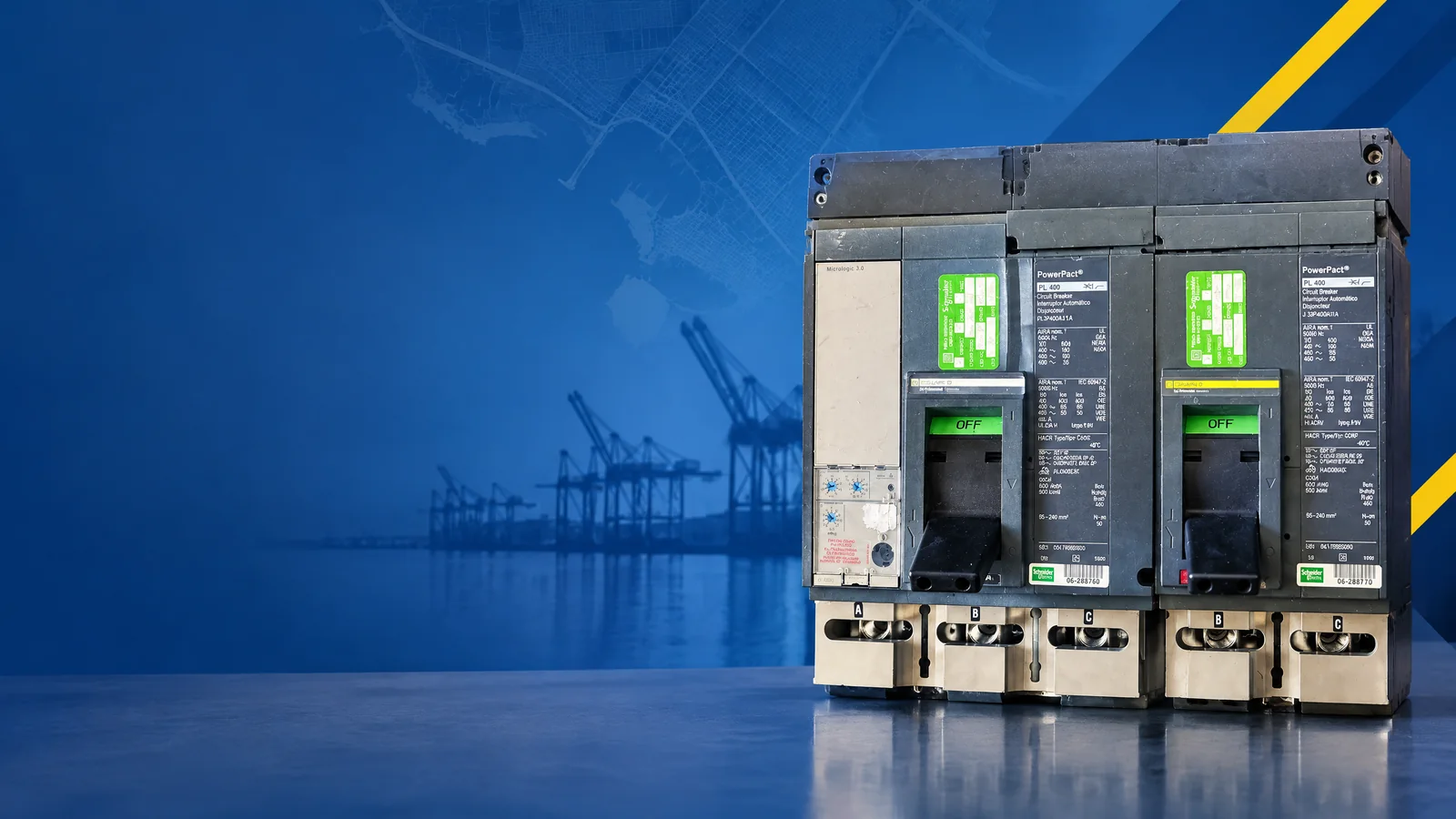 User-owned surplus circuit breakers with a decorative Oakland, CA skyline and industrial map motif for the AllBreakerSales.com city buying guide.