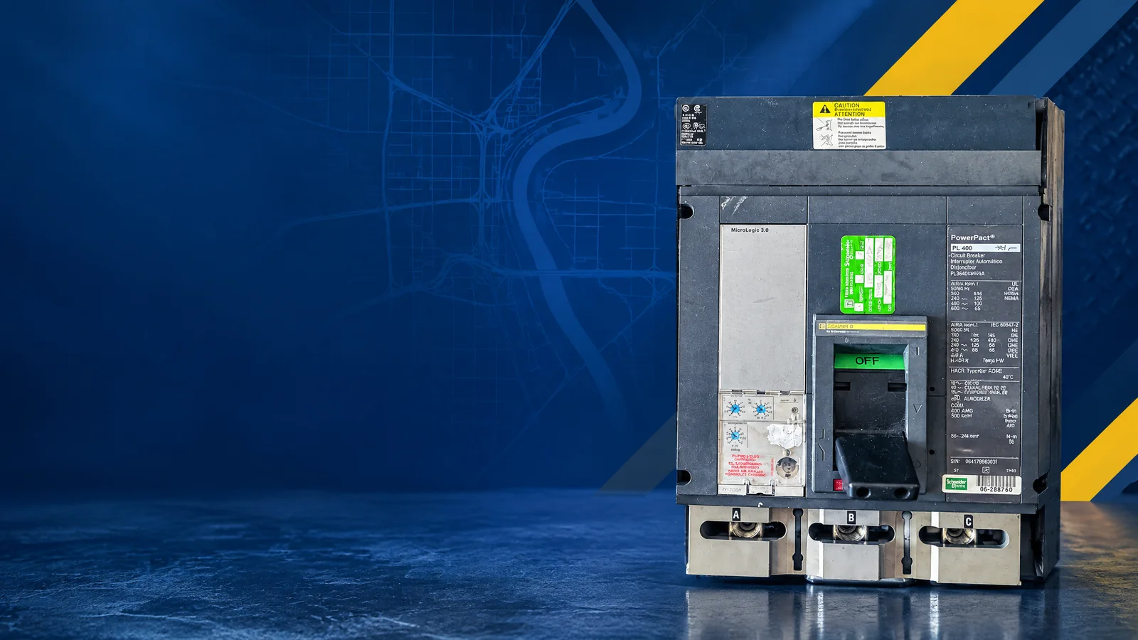 User-owned surplus circuit breakers with a decorative Omaha, NE skyline and industrial map motif for the AllBreakerSales.com city buying guide.