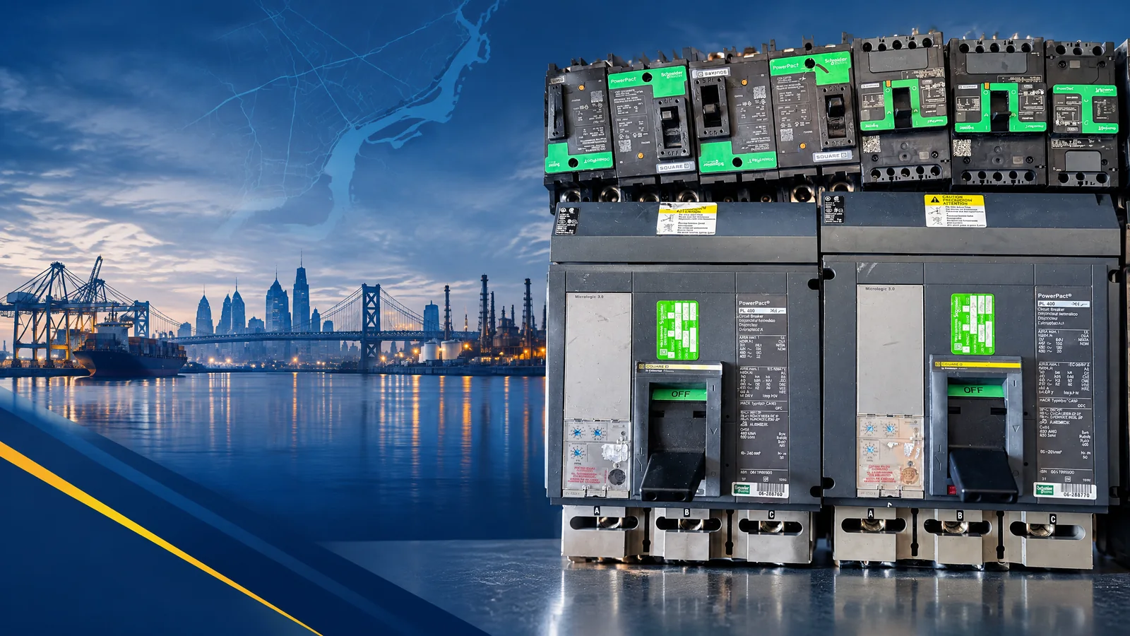 User-owned surplus circuit breakers with a decorative Philadelphia, PA skyline and industrial map motif for the AllBreakerSales.com city buying guide.