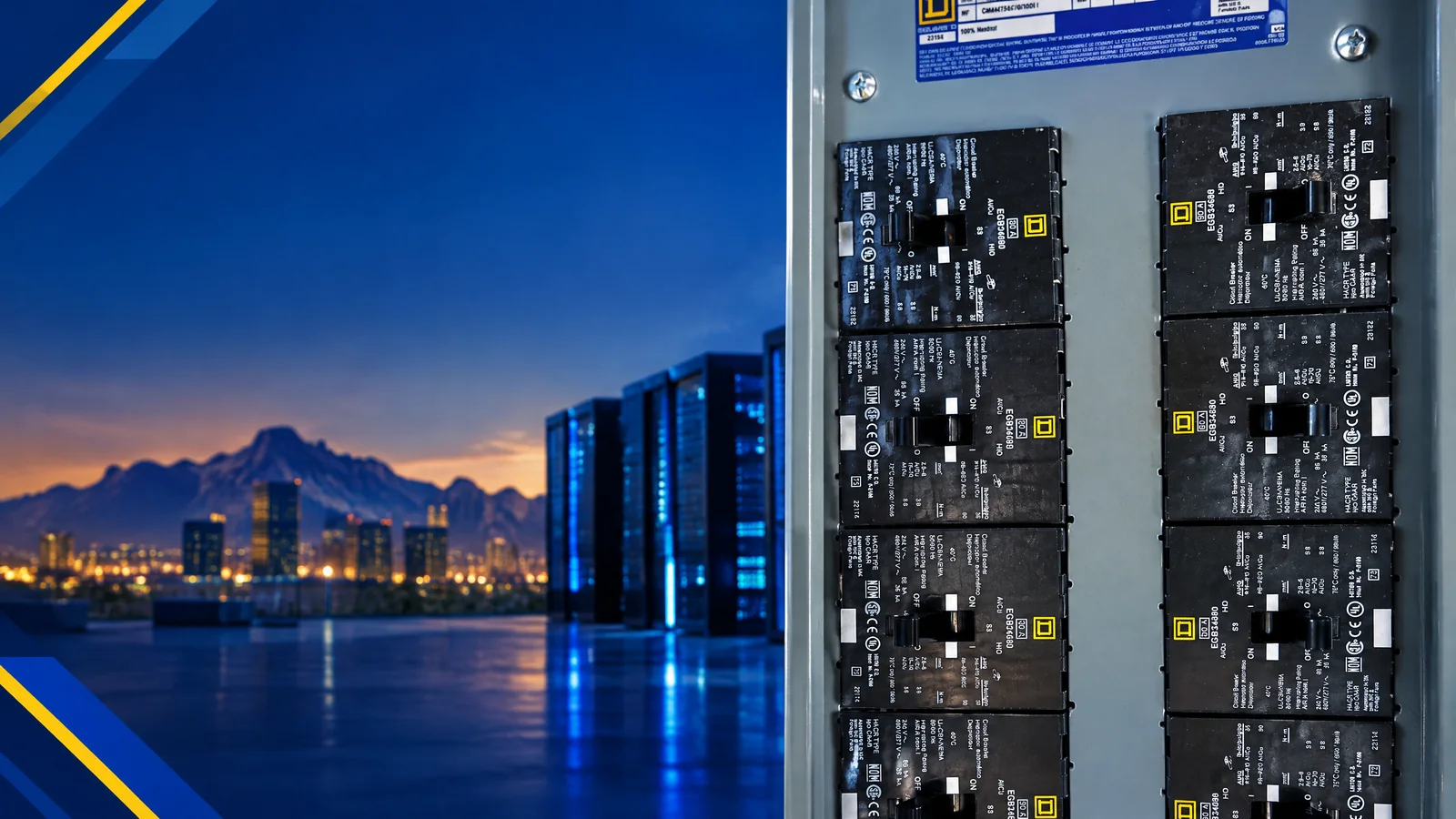 User-owned surplus circuit breakers with a decorative Phoenix, AZ skyline and industrial map motif for the AllBreakerSales.com city buying guide.