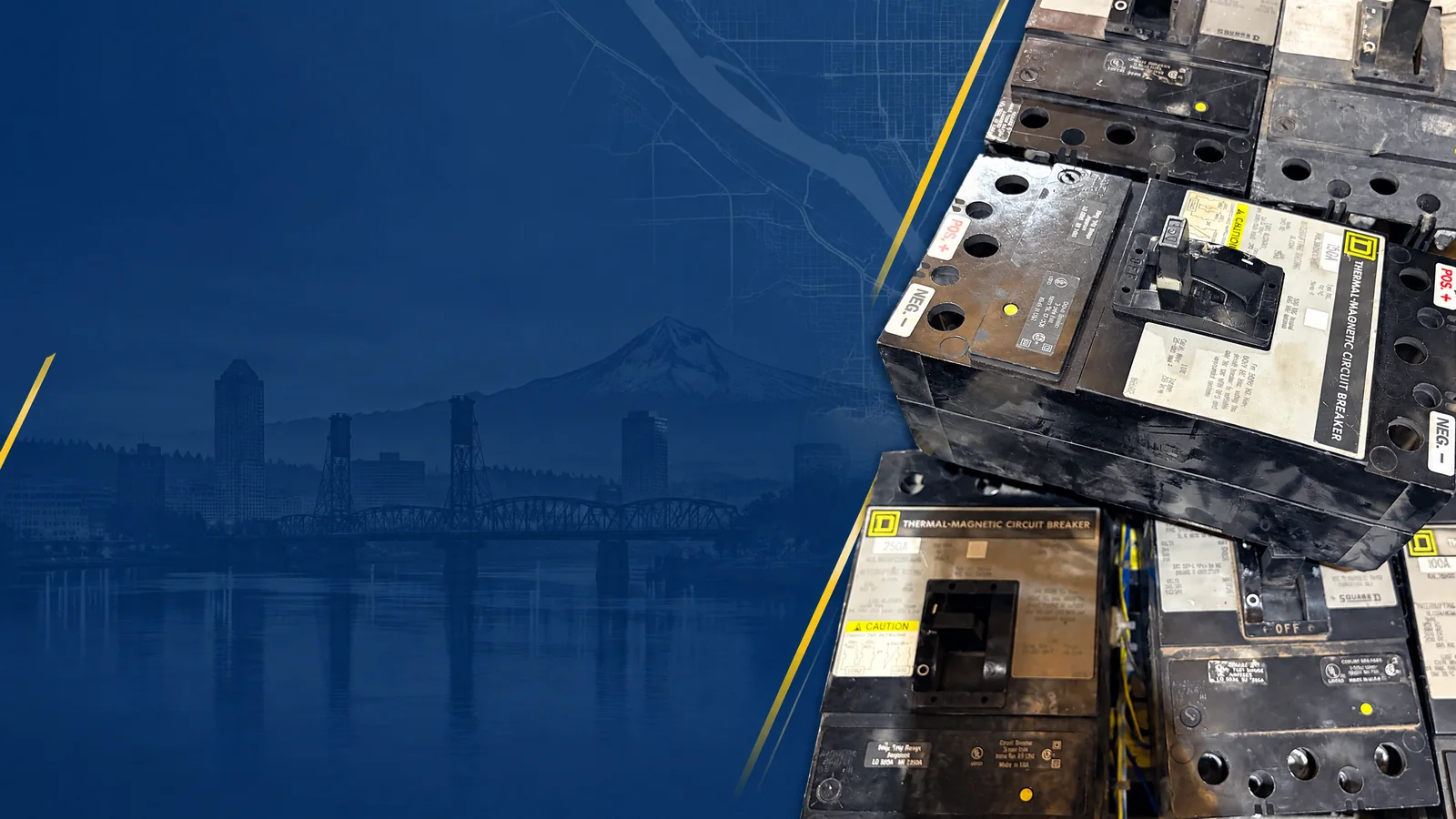 User-owned surplus circuit breakers with a decorative Portland, OR skyline and industrial map motif for the AllBreakerSales.com city buying guide.