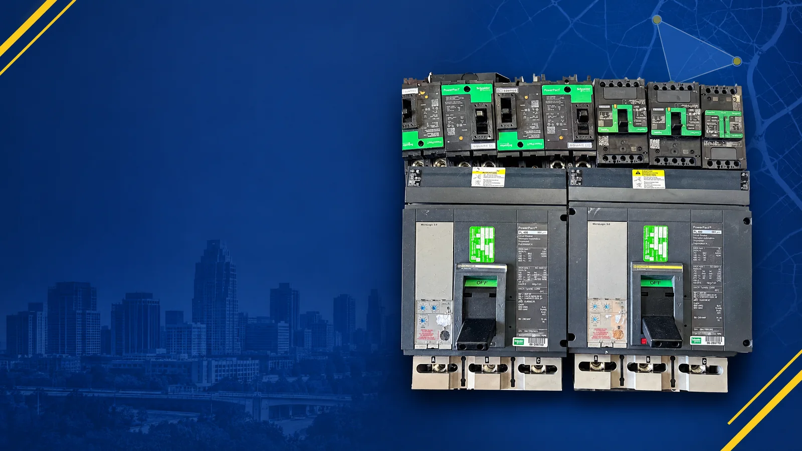 User-owned surplus circuit breakers with a decorative Raleigh, NC skyline and industrial map motif for the AllBreakerSales.com city buying guide.