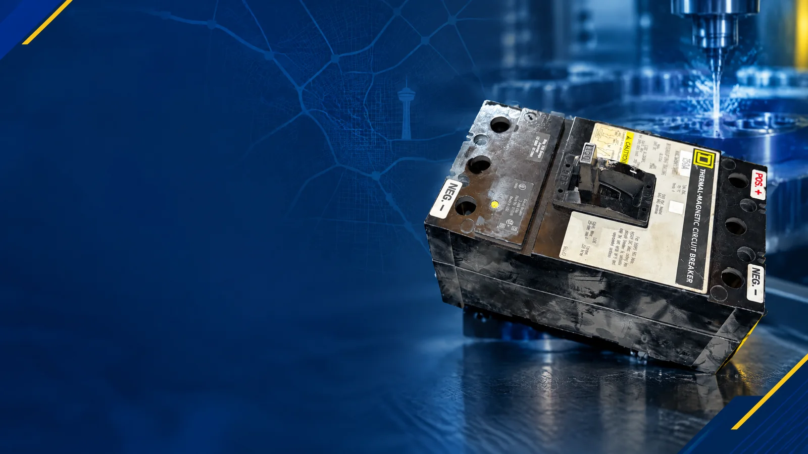 User-owned surplus circuit breakers with a decorative San Antonio, TX skyline and industrial map motif for the AllBreakerSales.com city buying guide.