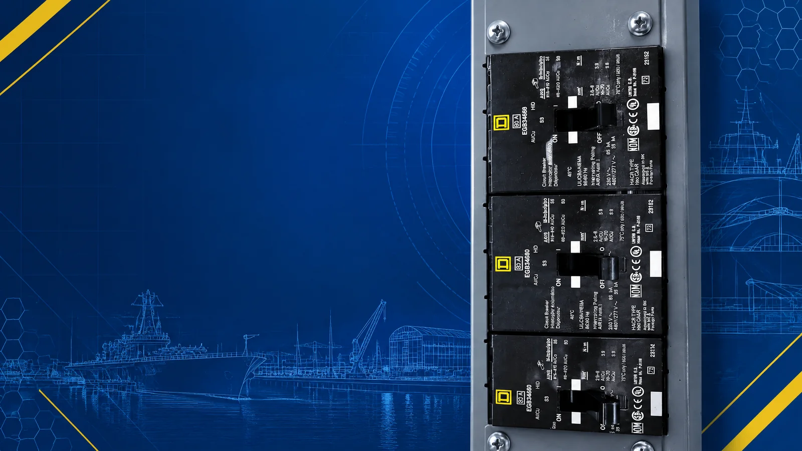 User-owned surplus circuit breakers with a decorative San Diego, CA skyline and industrial map motif for the AllBreakerSales.com city buying guide.