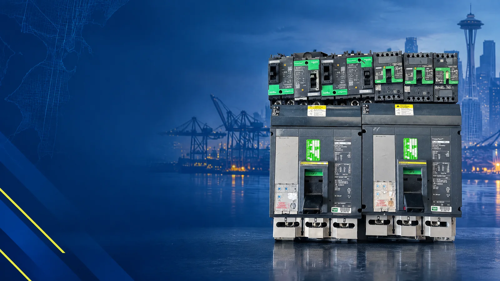 User-owned surplus circuit breakers with a decorative Seattle, WA skyline and industrial map motif for the AllBreakerSales.com city buying guide.