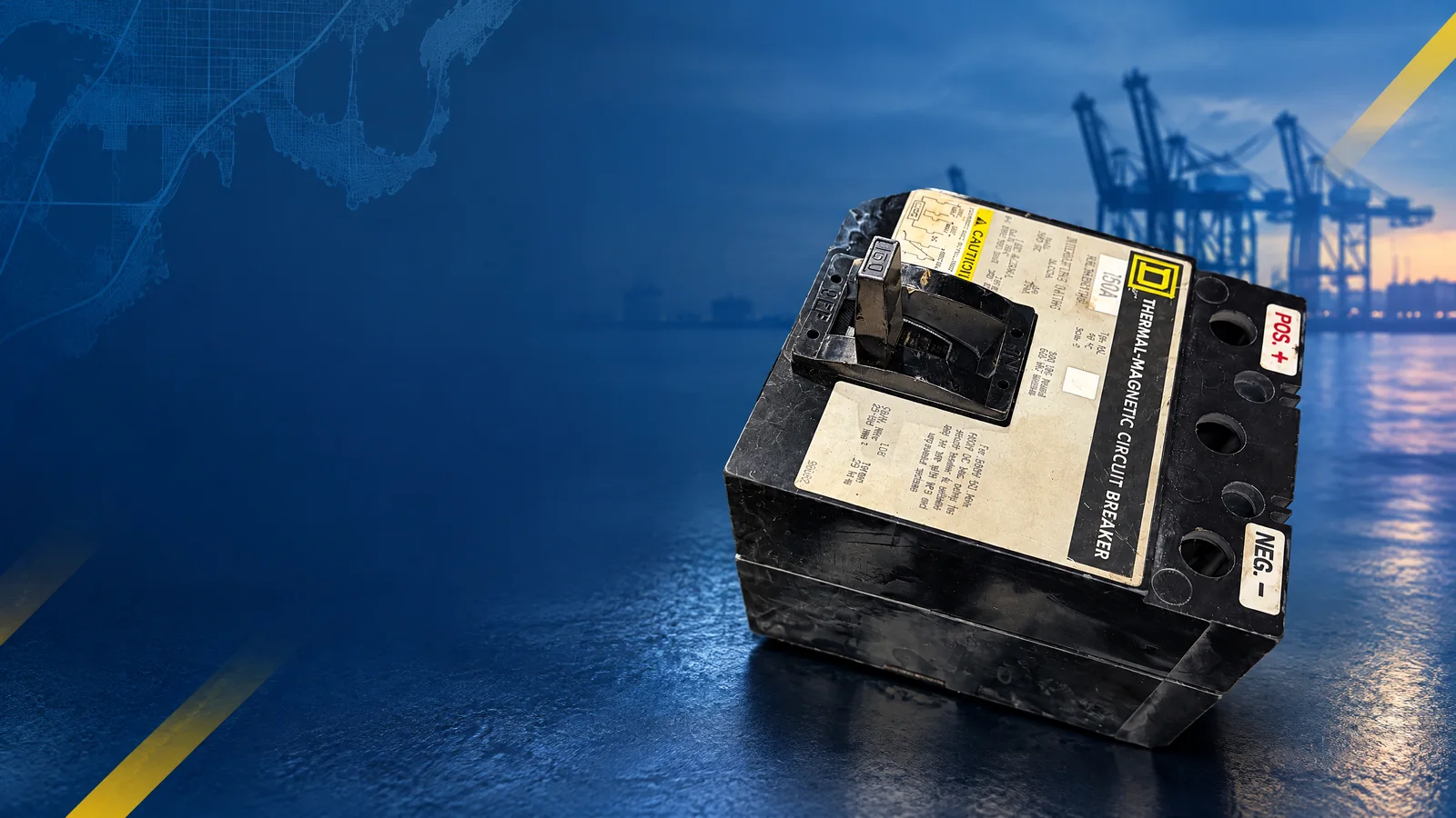 User-owned surplus circuit breakers with a decorative Tampa, FL skyline and industrial map motif for the AllBreakerSales.com city buying guide.