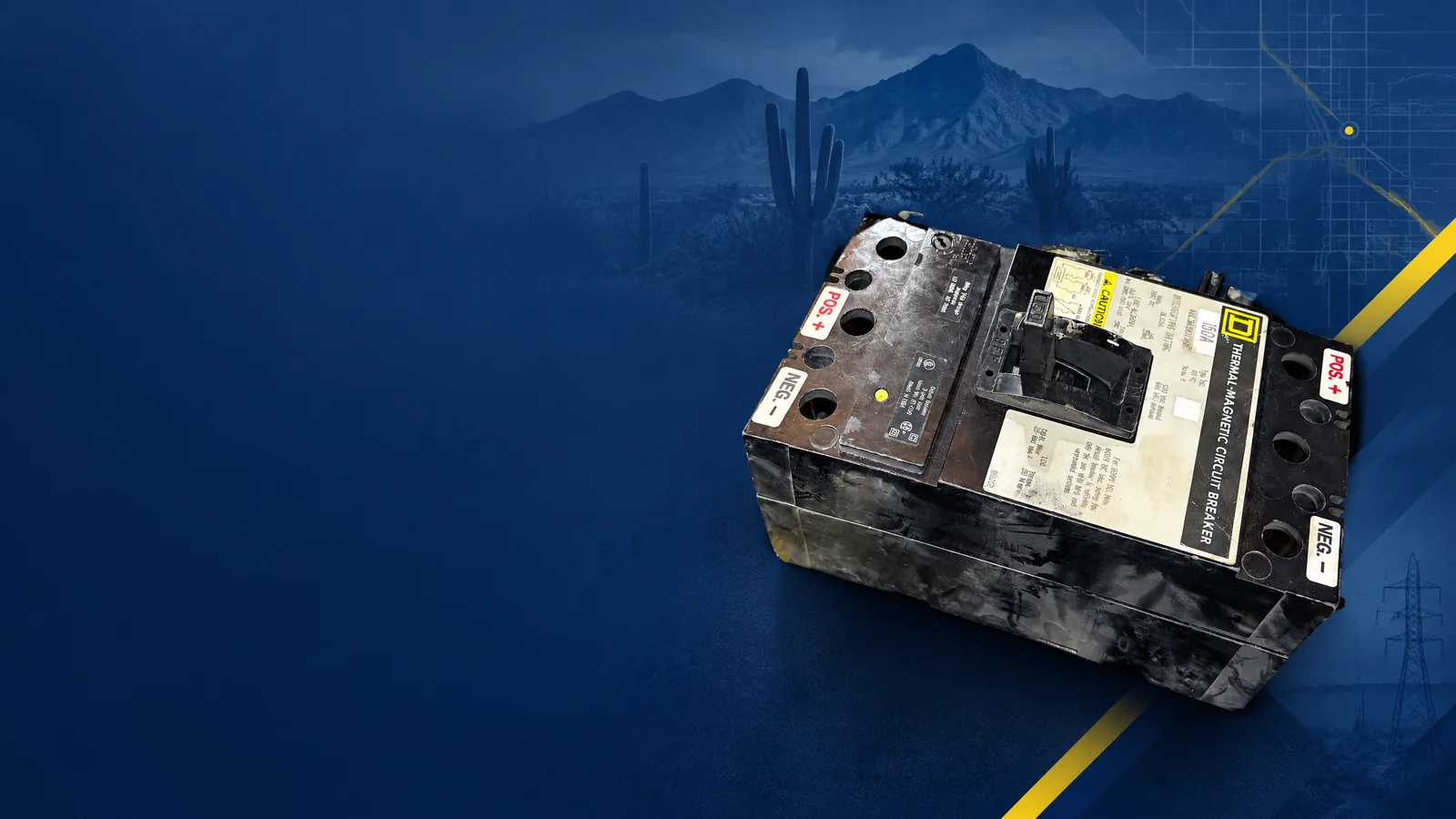 User-owned surplus circuit breakers with a decorative Tucson, AZ skyline and industrial map motif for the AllBreakerSales.com city buying guide.