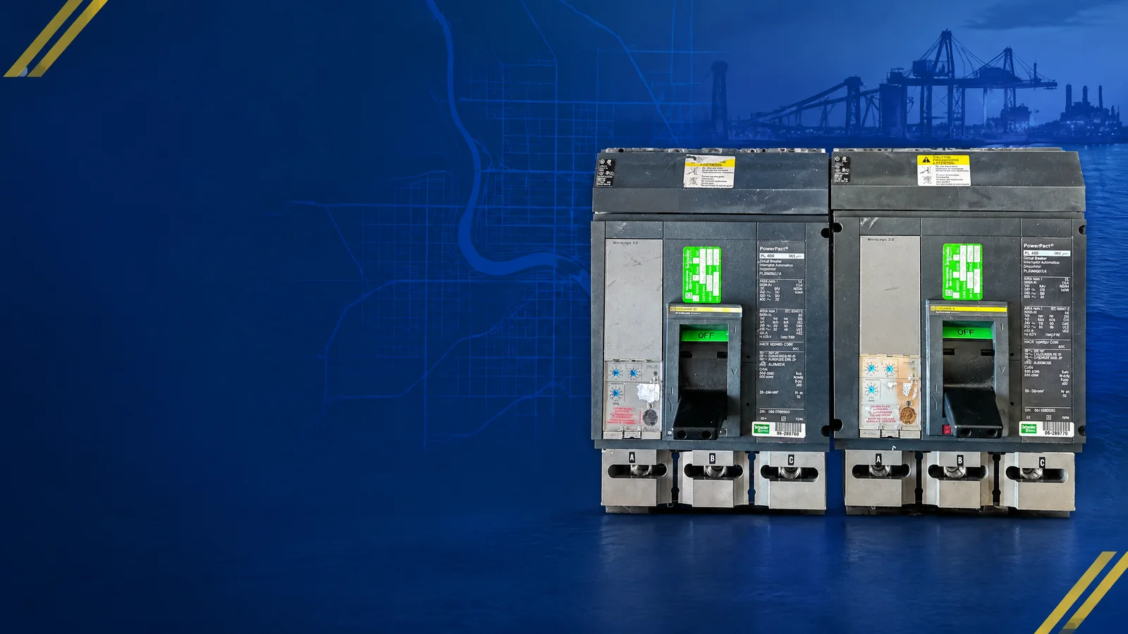 User-owned surplus circuit breakers with a decorative Tulsa, OK skyline and industrial map motif for the AllBreakerSales.com city buying guide.