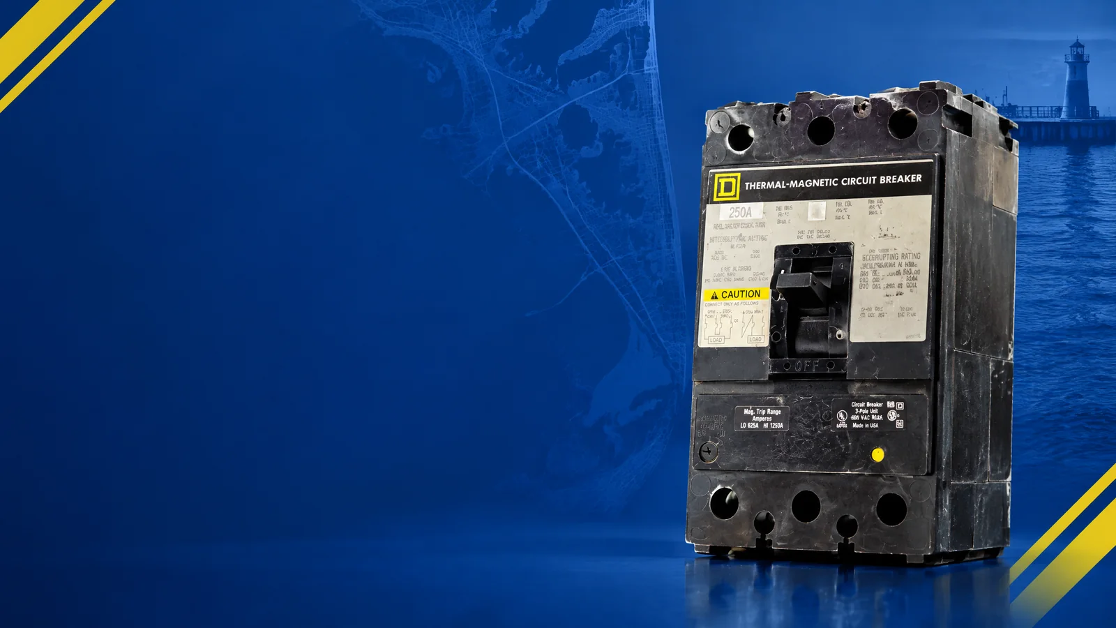 User-owned surplus circuit breakers with a decorative Virginia Beach, VA skyline and industrial map motif for the AllBreakerSales.com city buying guide.